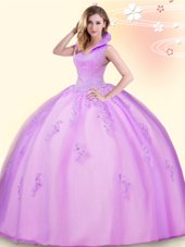 Sleeveless Tulle Floor Length Backless Quince Ball Gowns in Lilac for with Beading and Appliques