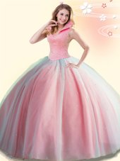 Spectacular Watermelon Red Ball Gowns Beading Quinceanera Dresses Backless Tulle Sleeveless Floor Length