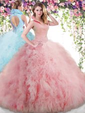 Luxury Watermelon Red Ball Gowns Beading and Ruffles Quinceanera Gown Backless Tulle Sleeveless Floor Length