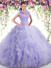 Colorful Lavender Ball Gowns Tulle High-neck Sleeveless Beading and Ruffles Floor Length Backless Quinceanera Gowns