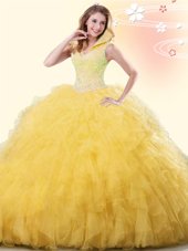 Yellow High-neck Backless Beading and Ruffles Sweet 16 Dresses Sleeveless