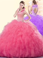 Luxury Ball Gowns Sweet 16 Quinceanera Dress Rose Pink High-neck Tulle Sleeveless Floor Length Backless