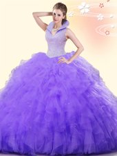 Designer Sleeveless Floor Length Beading and Ruffles Backless Sweet 16 Dress with Lavender