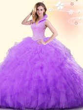 Backless Lavender Sleeveless Beading and Ruffles Floor Length Quinceanera Dresses