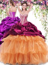 Chic Fuchsia and Orange Sweetheart Lace Up Beading and Ruffled Layers and Pick Ups Ball Gown Prom Dress Brush Train Sleeveless