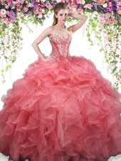 Ideal Coral Red Ball Gowns Sweetheart Sleeveless Organza Floor Length Lace Up Beading and Ruffles Sweet 16 Dresses
