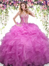 Low Price Sleeveless Floor Length Beading and Ruffles Lace Up Quinceanera Gown with Lilac