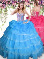 Designer Sweetheart Sleeveless Organza Quince Ball Gowns Beading and Ruffled Layers and Pick Ups Lace Up