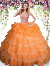 Shining Orange Ball Gowns Beading and Ruffled Layers and Pick Ups Quinceanera Gowns Lace Up Organza Sleeveless Floor Length