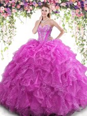 Sumptuous Fuchsia Sleeveless Organza Lace Up Quinceanera Gowns for Military Ball and Sweet 16 and Quinceanera