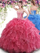 Suitable Coral Red Organza Lace Up Sweetheart Sleeveless Floor Length 15 Quinceanera Dress Beading and Ruffles