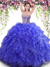 Flirting Blue Ball Gowns Organza Sweetheart Sleeveless Beading and Ruffles Floor Length Lace Up Sweet 16 Dress