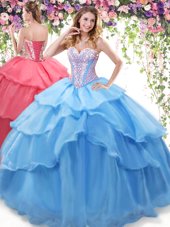 Fashionable Ruffled Sweetheart Sleeveless Lace Up Quince Ball Gowns Baby Blue Organza