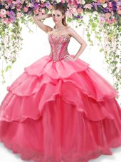 Deluxe Ruffled Ball Gowns Quinceanera Dress Coral Red Sweetheart Organza Sleeveless Floor Length Lace Up