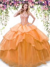 Fashion Ruffled Floor Length Ball Gowns Sleeveless Orange Ball Gown Prom Dress Lace Up