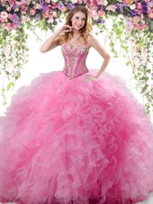 Tulle Sweetheart Sleeveless Lace Up Beading and Ruffles Quince Ball Gowns in Rose Pink