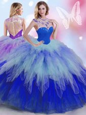 Superior Multi-color Sleeveless Tulle Zipper Quince Ball Gowns for Military Ball and Sweet 16 and Quinceanera