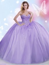Traditional Lavender Lace Up Quince Ball Gowns Beading Sleeveless Floor Length