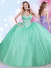 High Class Sleeveless Tulle Floor Length Lace Up Quinceanera Dresses in Apple Green for with Beading