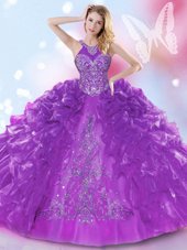 Luxury Halter Top Floor Length Lace Up 15th Birthday Dress Purple and In for Military Ball and Sweet 16 and Quinceanera with Appliques and Ruffled Layers