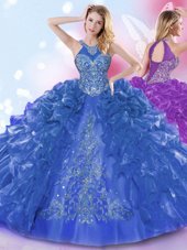 Elegant Halter Top Royal Blue Lace Up Quinceanera Gown Appliques and Ruffled Layers Sleeveless Floor Length