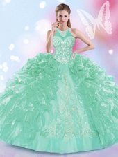 Exceptional Halter Top Apple Green Lace Up Quinceanera Dresses Appliques and Ruffles Sleeveless Floor Length