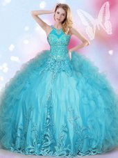 Shining Aqua Blue Ball Gowns Tulle Halter Top Sleeveless Beading and Appliques Floor Length Lace Up Quinceanera Dresses