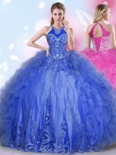 Superior Halter Top Tulle Sleeveless Floor Length Sweet 16 Quinceanera Dress and Appliques and Ruffles