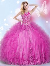 Fancy Hot Pink Sweet 16 Dresses Military Ball and Sweet 16 and Quinceanera and For with Beading and Appliques and Ruffles Halter Top Sleeveless Lace Up