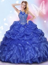 Pretty Halter Top Appliques and Ruffles and Pick Ups Quince Ball Gowns Royal Blue Lace Up Sleeveless Floor Length