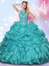 Elegant Halter Top Sleeveless Quinceanera Dresses Floor Length Appliques and Ruffles and Pick Ups Teal and Turquoise Organza and Taffeta