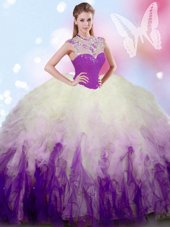 Sleeveless Floor Length Beading and Ruffles Zipper Sweet 16 Dresses with White And Purple