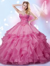 Discount Rose Pink Sleeveless Floor Length Beading Lace Up Quinceanera Dresses