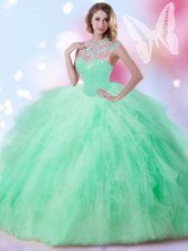 Tulle Zipper High-neck Sleeveless Floor Length Quinceanera Dresses Beading and Ruffles and Sequins