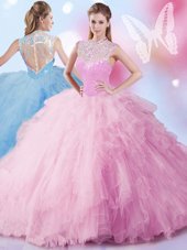 Chic Lilac Ball Gowns Tulle High-neck Sleeveless Beading and Ruffles and Sequins Floor Length Zipper Sweet 16 Quinceanera Dress