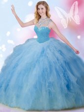 Fine High-neck Sleeveless Tulle Sweet 16 Dress Beading and Ruffles and Sequins Zipper