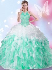Halter Top Pick Ups White and Green Sleeveless Organza Lace Up 15 Quinceanera Dress for Military Ball and Sweet 16 and Quinceanera