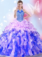 Amazing Halter Top Sleeveless Floor Length Beading and Ruffles and Pick Ups Lace Up Quince Ball Gowns with Multi-color