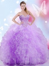 Attractive Lavender Tulle Lace Up Quinceanera Gown Sleeveless Floor Length Beading and Ruffles