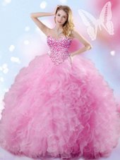 High Quality Rose Pink Ball Gowns Tulle Sweetheart Sleeveless Beading and Ruffles Floor Length Lace Up Vestidos de Quinceanera