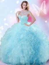 Charming Light Blue Ball Gowns High-neck Sleeveless Tulle Floor Length Zipper Beading and Ruffles and Pick Ups Quinceanera Gown