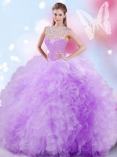 Wonderful Lavender Sleeveless Floor Length Beading and Ruffles and Sequins Zipper Sweet 16 Dress