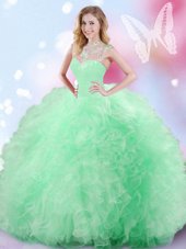 Custom Fit High-neck Sleeveless Sweet 16 Dress Floor Length Beading and Ruffles and Sequins Tulle