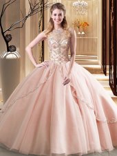 Stunning Peach Ball Gowns Scoop Sleeveless Tulle Brush Train Lace Up Beading Quinceanera Gowns