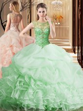 Modest Apple Green Ball Gowns Organza Scoop Sleeveless Beading and Ruffles and Pick Ups Lace Up Sweet 16 Dress Brush Train