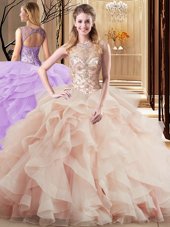 Top Selling Scoop Lace Up Quinceanera Gown Peach and In for Military Ball and Sweet 16 and Quinceanera with Beading and Ruffles Brush Train