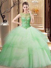Classical Scoop Ruffled Ball Gowns Sleeveless Sweet 16 Dress Brush Train Lace Up