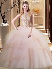 Excellent Scoop Peach Ball Gowns Beading and Ruffled Layers 15th Birthday Dress Lace Up Tulle Sleeveless