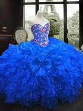Stunning Royal Blue Sleeveless Floor Length Embroidery and Ruffles Lace Up Sweet 16 Quinceanera Dress