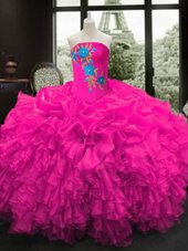 Charming Fuchsia Sleeveless Embroidery and Ruffles Floor Length 15 Quinceanera Dress